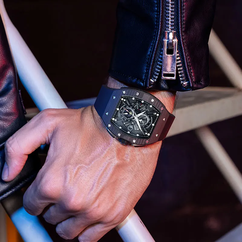 BONEST GATTI BG9007 Men Automatic Watch Tonneau Mechanical Wristwatch Sapphire Luminous Carbon Fiber Month Week Date 24 Hours