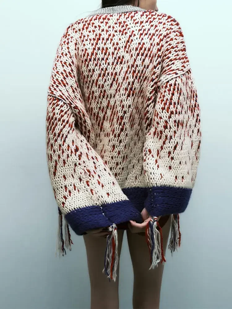 Fashion Contrasting Women Knitted Cardigan Loose Single Breasted V-neck Tassels Sweater 2023 Autumn Female Warm Chic Knitwear