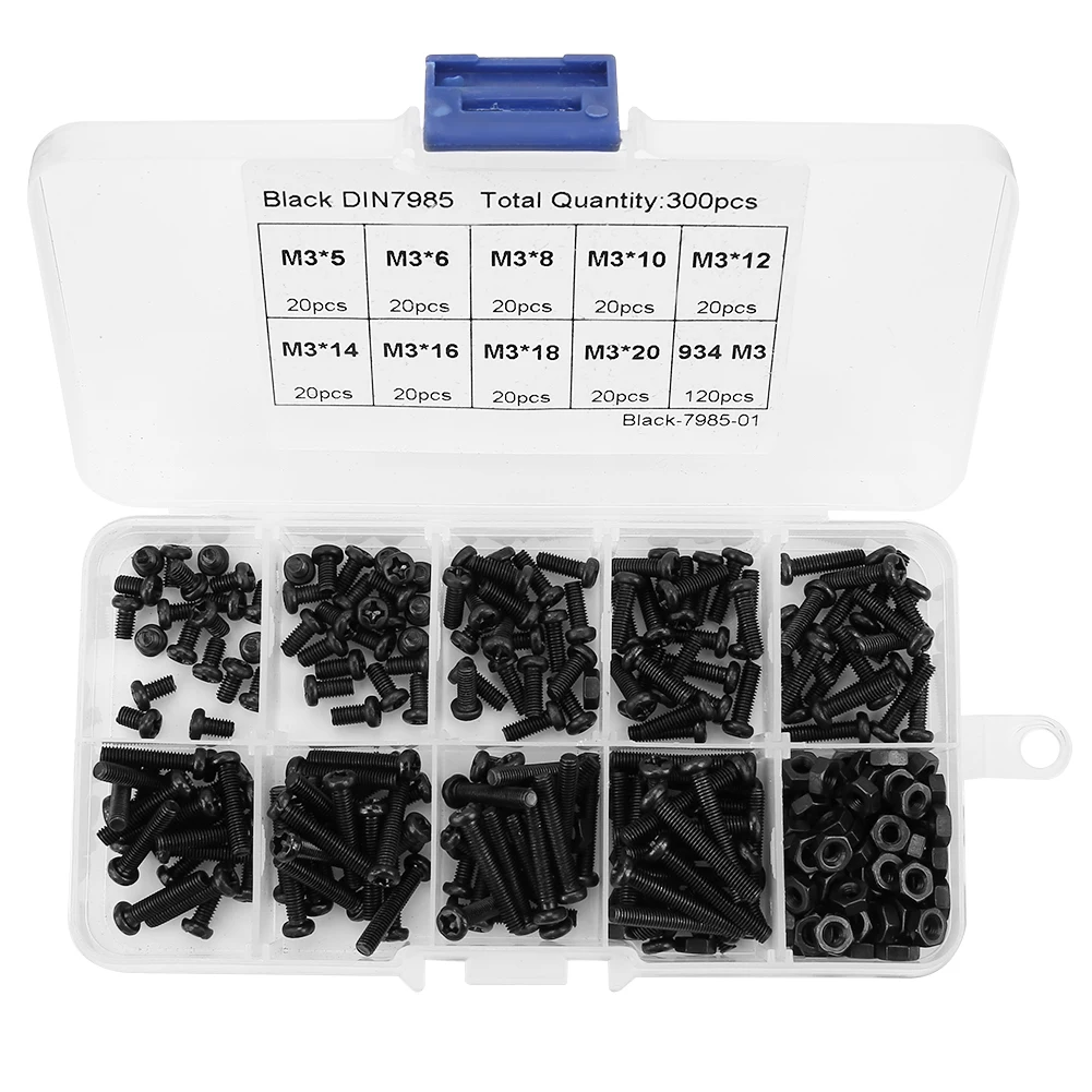 300PCS/box Bolt and Nut Assortment M3 Black Carbon Steel Pan Head  Drive Screw Bolt Nut Assortment Kit