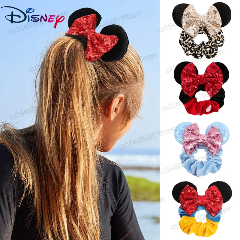 Disney Minnie Mouse Ears Hair Scrunchies Velvet Hairbands for Girls Sequins Bows Headband Women Trip DIY Accessories Party Decor