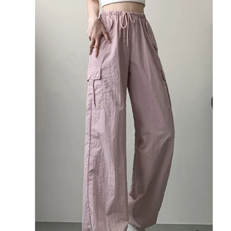 

American Vintage Pink Cargo Pants Fashion Many Pocket Straight Mopping Pants High Street Y2K Baggy Wide Leg Trouser Ladies Sprin
