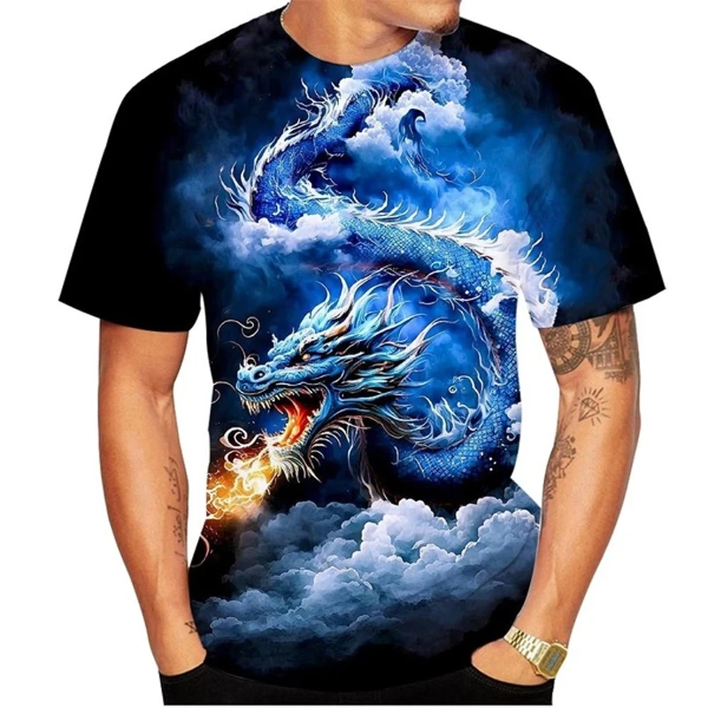 2024 New 3D Men\'s T Shirt Chinese Dragon Graphics Print Short Sleeve Tees Summer Casual O-neck Oversized Street Men Clothing Top