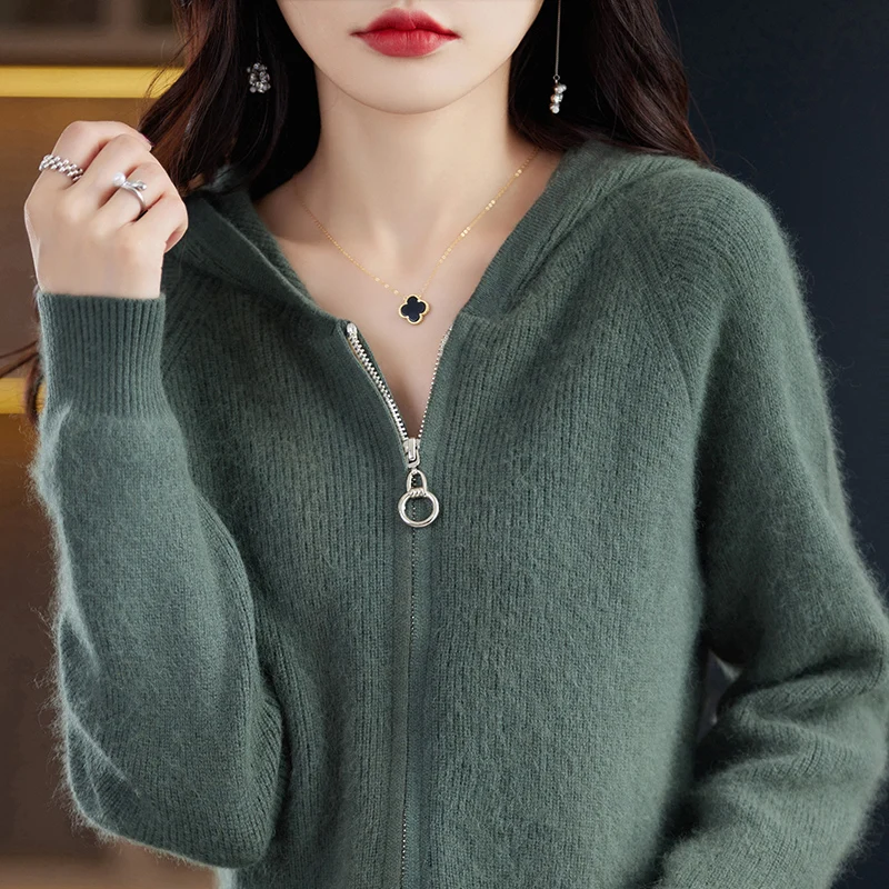 

2023 Autumn Winter New Women's 100% Mink Cashmere Cardigan Fashion Colors Female Knitted Hooded Cardigans Loose Soft Warm Jacket