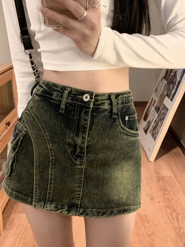 Fashion Vintag Women's Denim A-Line Skirt Clubwear Clothes Washed Blue Mini Skirt Pockets Korean Girl Casual Chic Spring Summer