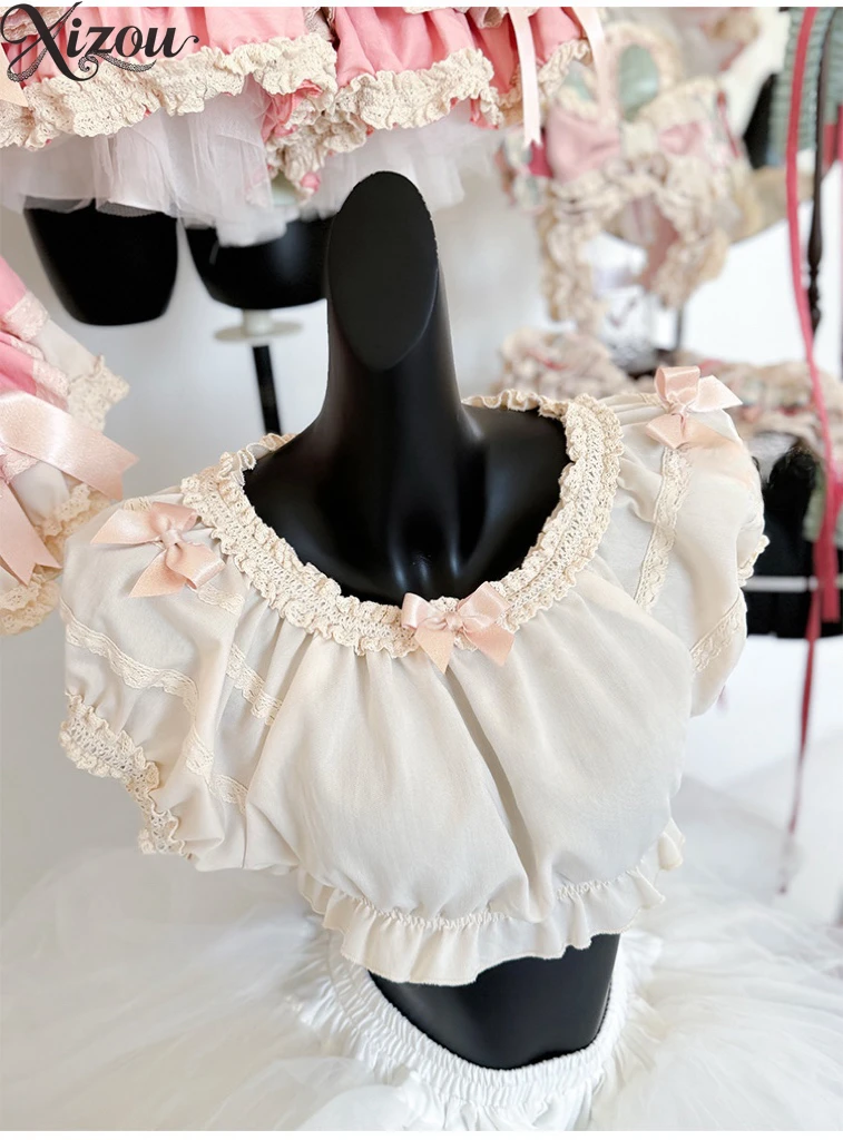 2025 été femmes hauts pour filles japonais français Lolita doux un mot épaule bulle manches haut nœud fête d'anniversaire nœud intérieur