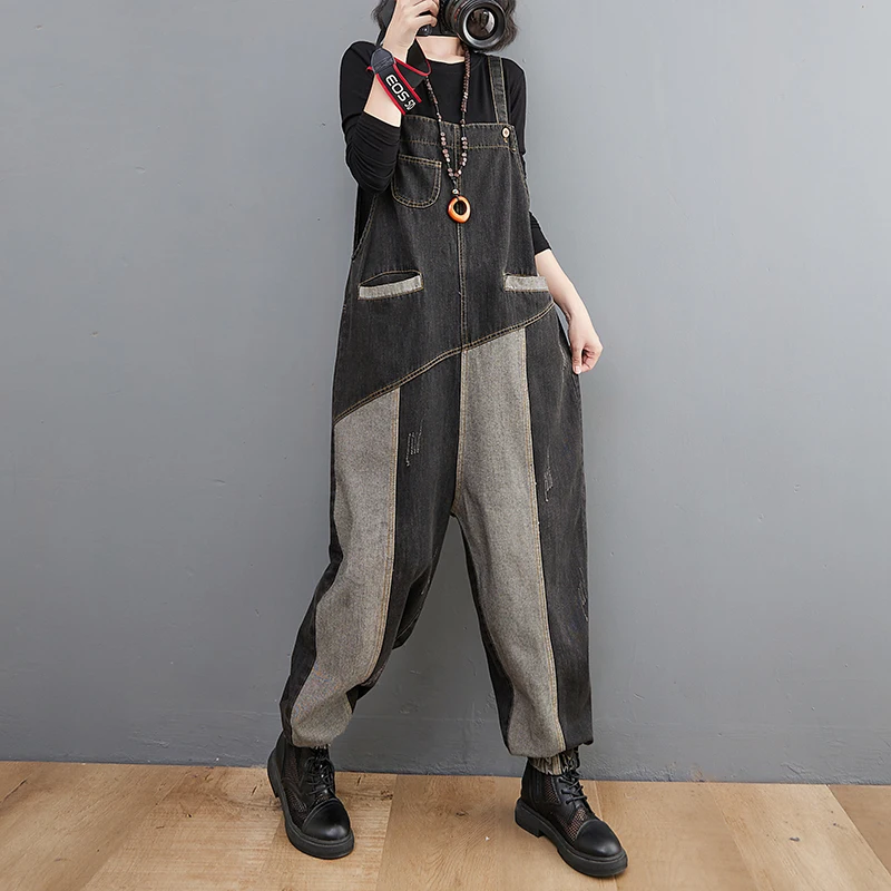 Retro Kolorowe Ogrodniczki Jeansowe Damskie Jesienno-Zimowe Luźne Wyszczuplające Kombinezony z Szerokimi Nogawkami Modne Spodnie z Wysokim Stanem Długie Spodnie