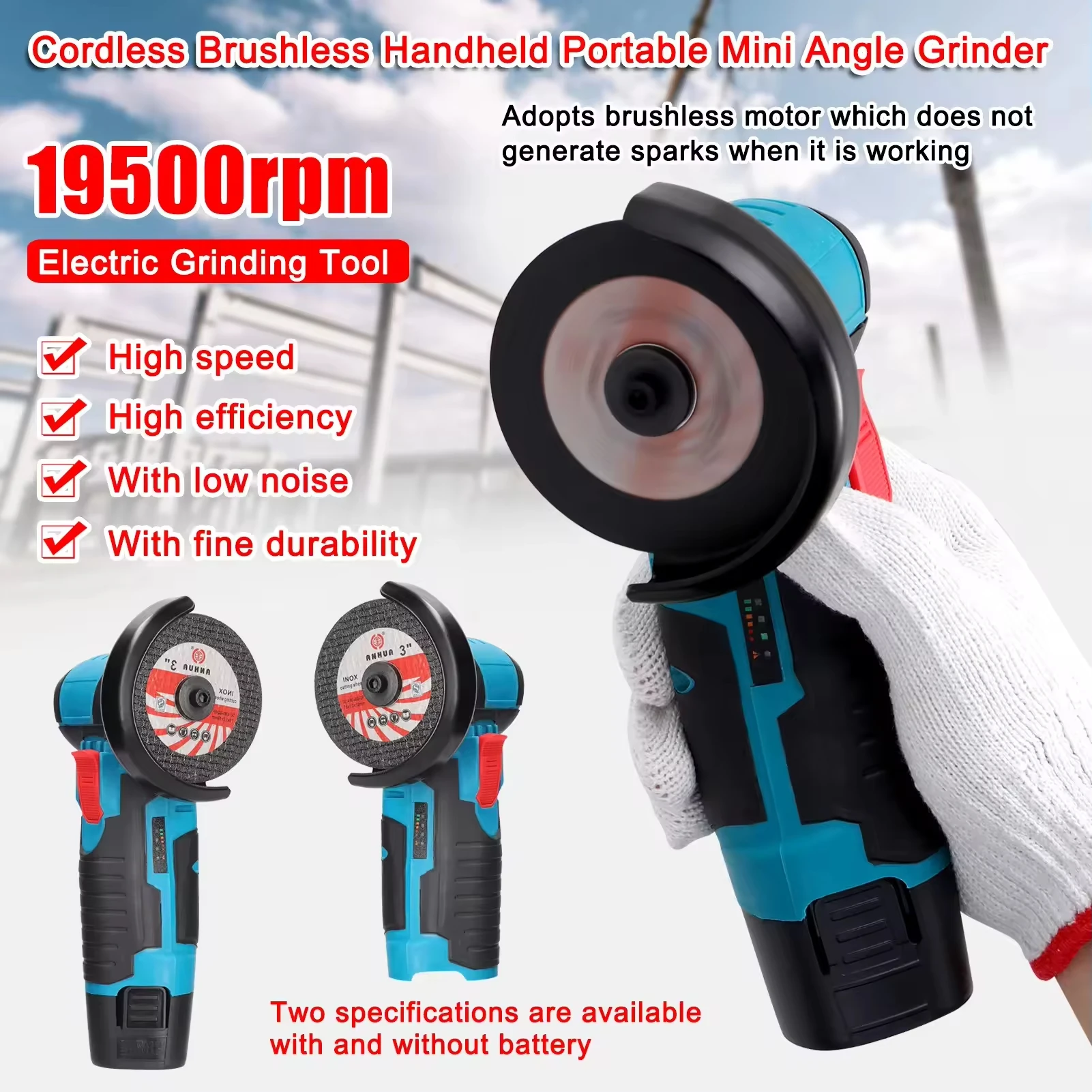 High-Power 20V Brushless Cordless Mini Angle Grinder Industrial Stainless Steel Disc Slide Switch Rechargeable 1.5Ah Lithium