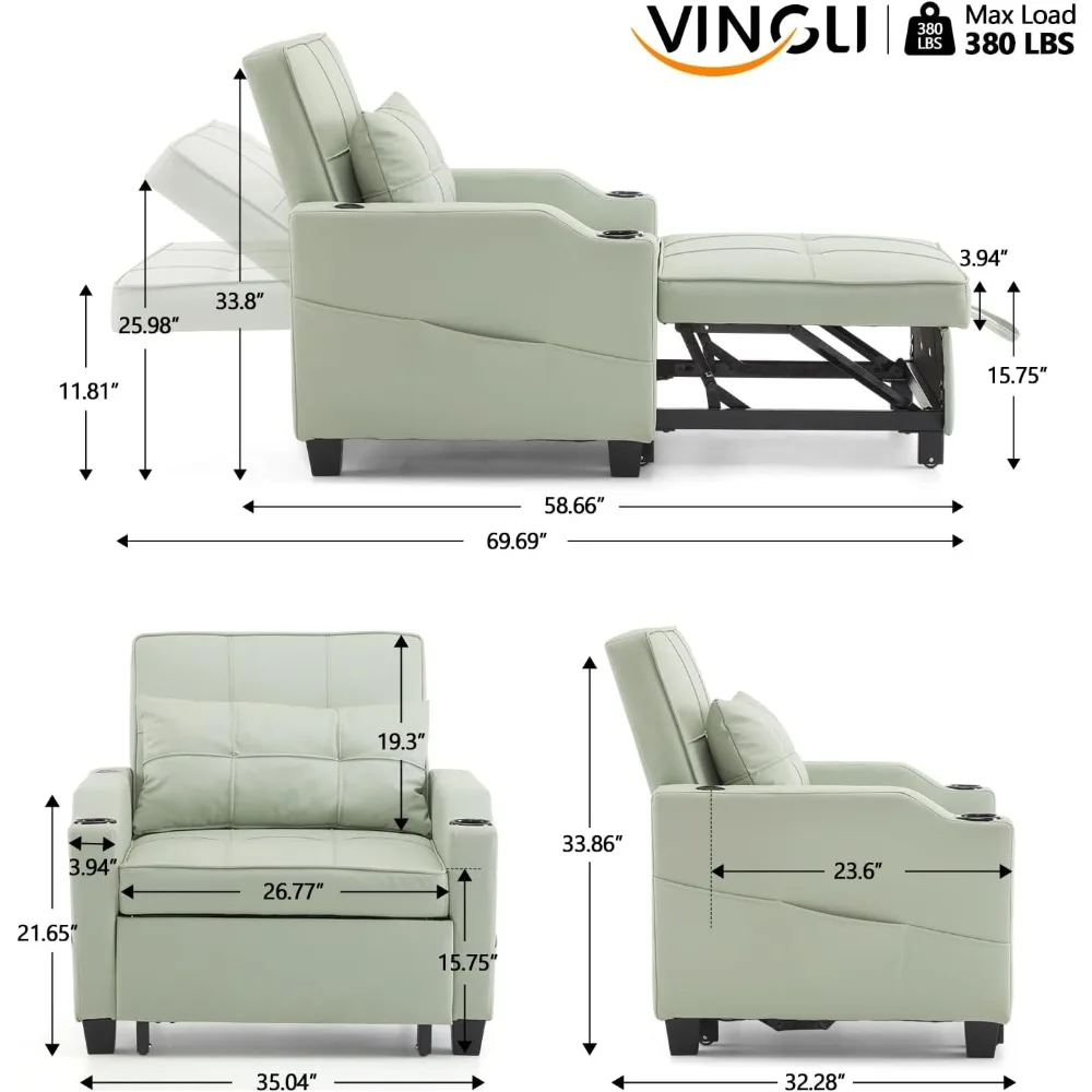 Sofa Bed Chair Recliner, 3-in-1 Convertible Sleeper Sofa Chair Bed Light Green Daybed Pull Out Couch Bed with Adjustable