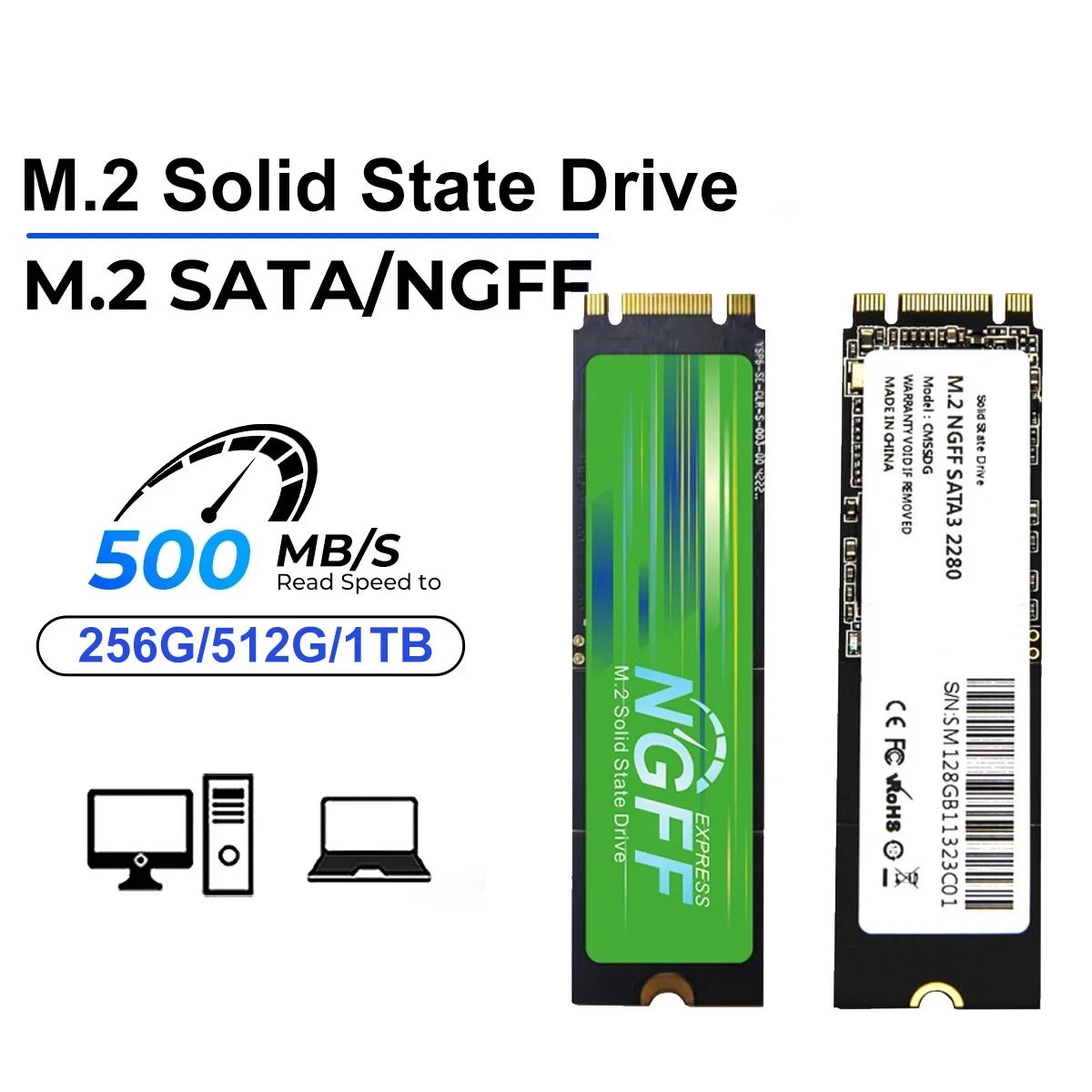 M.2 SATA SSD 256G 512G1TB M.2 NGFF SSD 500MB/S M.2 2280 NGFF SATA B & M Key Solid State Hard Drive for Desktop Laptop