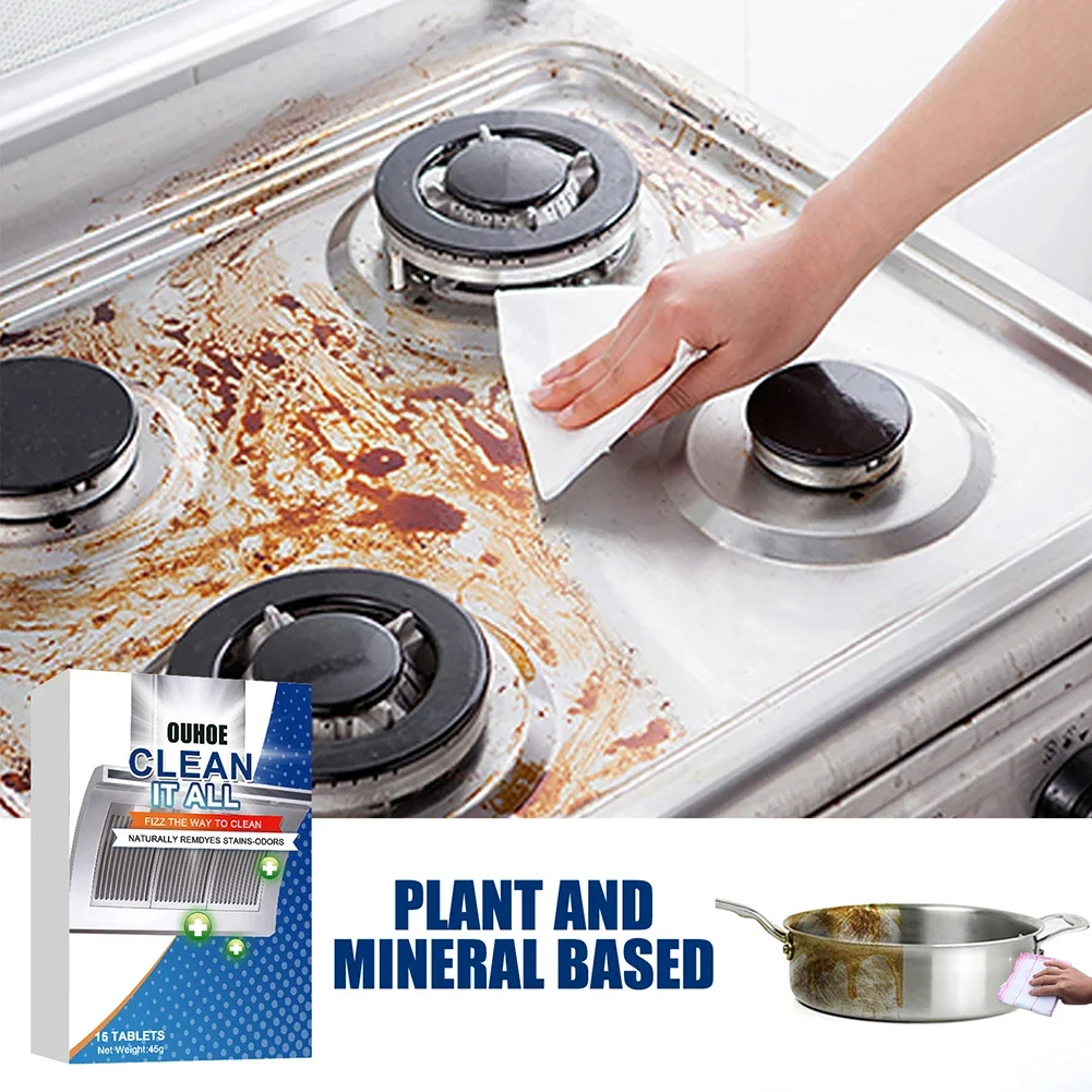 15PCS Kitchen Heavy Grease Cleaner Tablet Stove Oven Powerful Stain Remover Decontamination Sheet For Kitchen Oil Cleaner