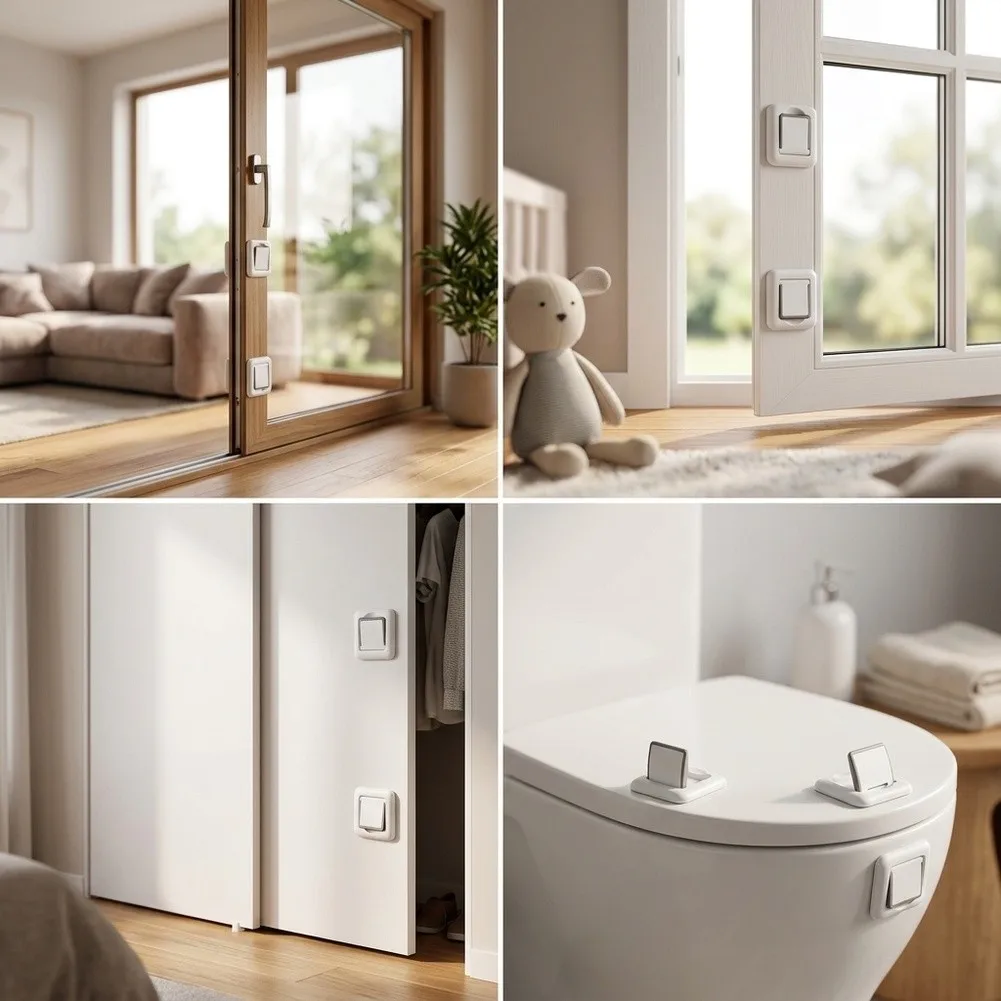 4 Pack Sliding Door and Window Locks for Home Security with Safety Design for Patio Doors Cupboard Sliders and Toilet Lids