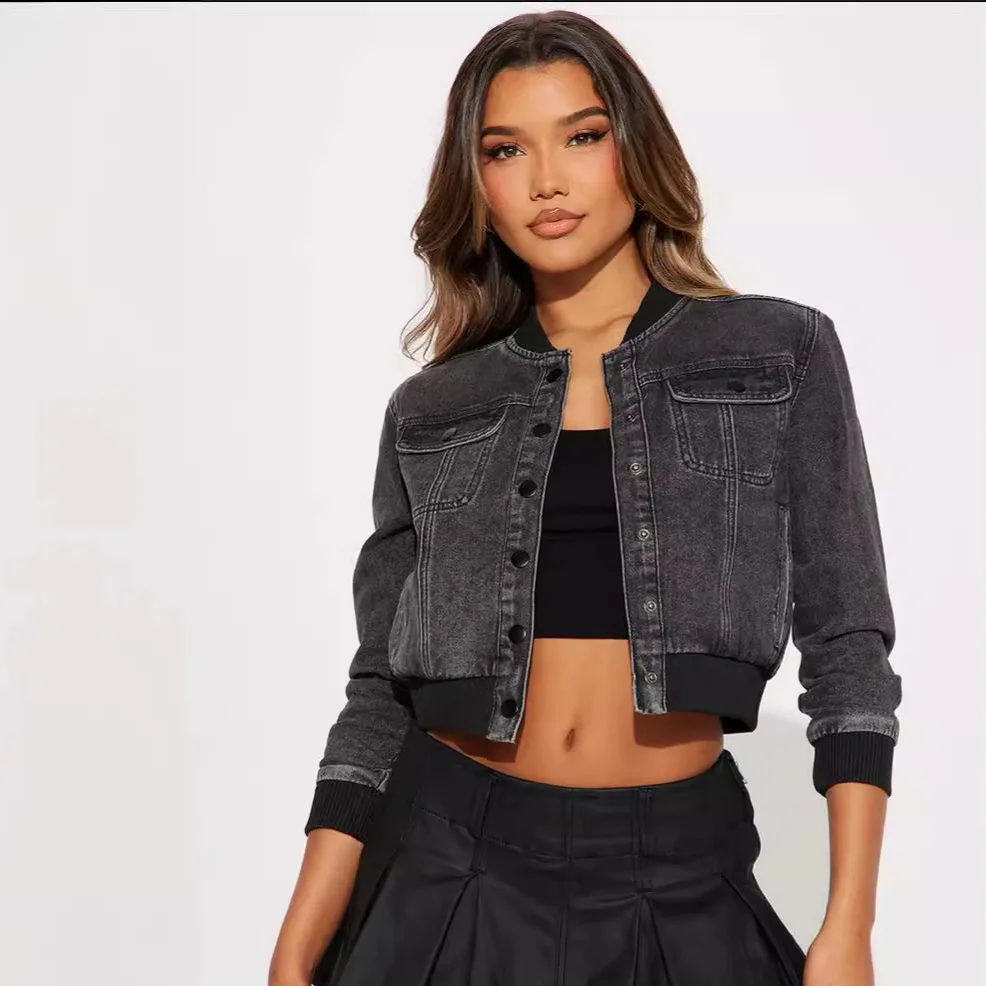 ผู้หญิงเสื้อแขนยาว DENIM แจ็คเก็ตเดี่ยว Breasted Coat เสื้อสเวตเตอร์ถักเปิดลงปก VINTAGE Spliced กระเป๋า 2025 Slim