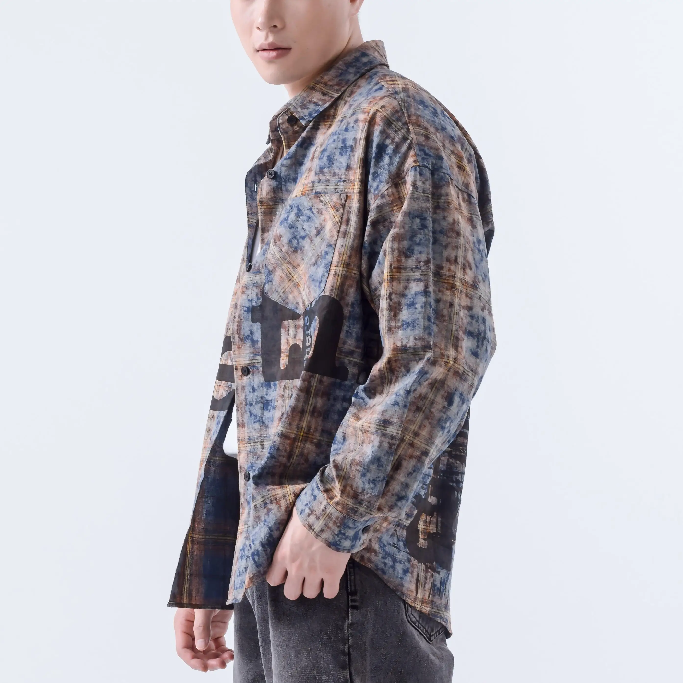 100% Cotton Vintage Plaid Shirt Long Sleeve Back Graphic Distressing Jacket Coat Hand Drawn Graffiti Distressing Shirt