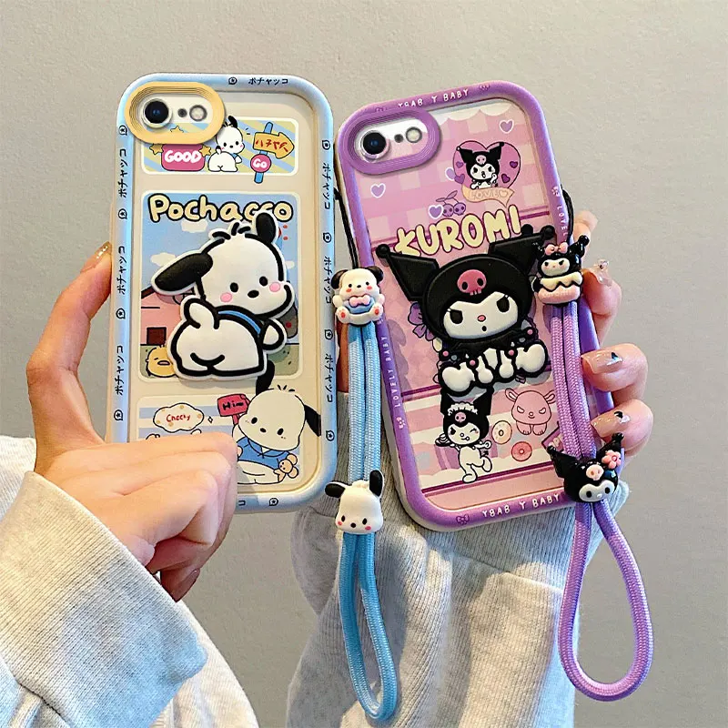 For iPhone 8plus 7 8 6 6s Plus SE 2020 2022 So Cute 3D Cartoon Kuromi Pochacco Toy Phone Case Multistep Hand Strap Cover