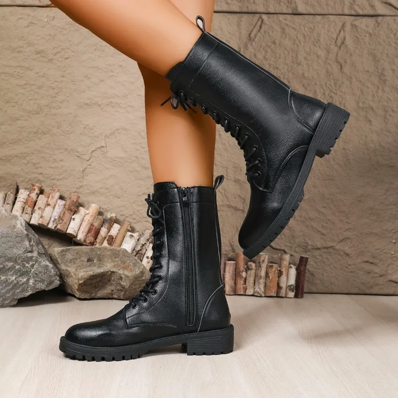 أحذية شتوية أوروبية وأمريكية بنمط جديد من الجلد الناعم الأصلي على الطراز البريطاني ونعل سميك وأربطة نعل متوسط للنساء #2