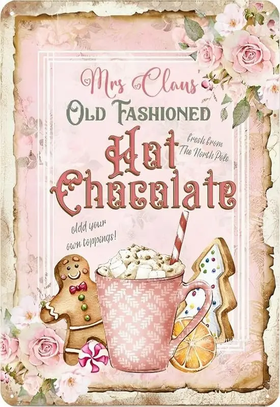 Mrs Claus Hot Chocolate Sign Pink Christmas Hot Cocoa Shabby Chic Tin Sign Vintage Metal Tin Sign Decor Gifts For Girls Liv sign