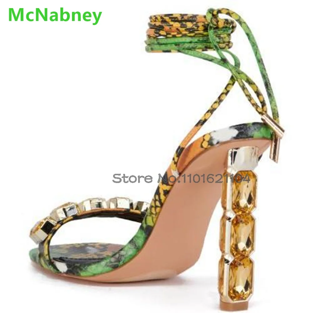 Rhinestone Strange Heel Sandals For Female Women Square Toe Ankle Front And Rear Straps Slingback Fashion Sexy Dress Shoes