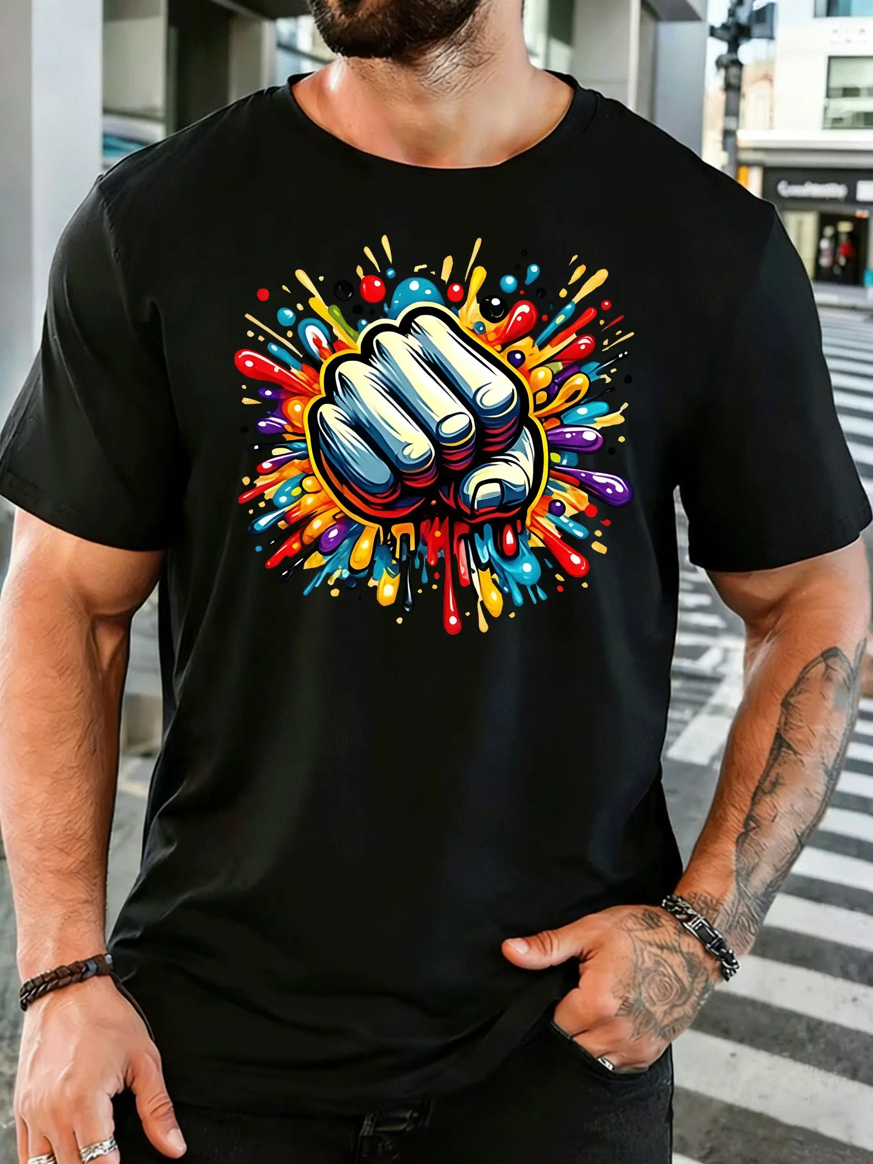 Men Short Sleeve T Shirt Graffiti Fist Graphic Tee Color Splash Print Tops Summer Soft Cotton Casual Street Wear For Adult Male