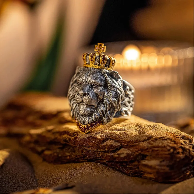 

2024 New Special-Interest Design LION Ring Zircon Retro Personality Trend Open Ring for Boyfriend Gift Ornament