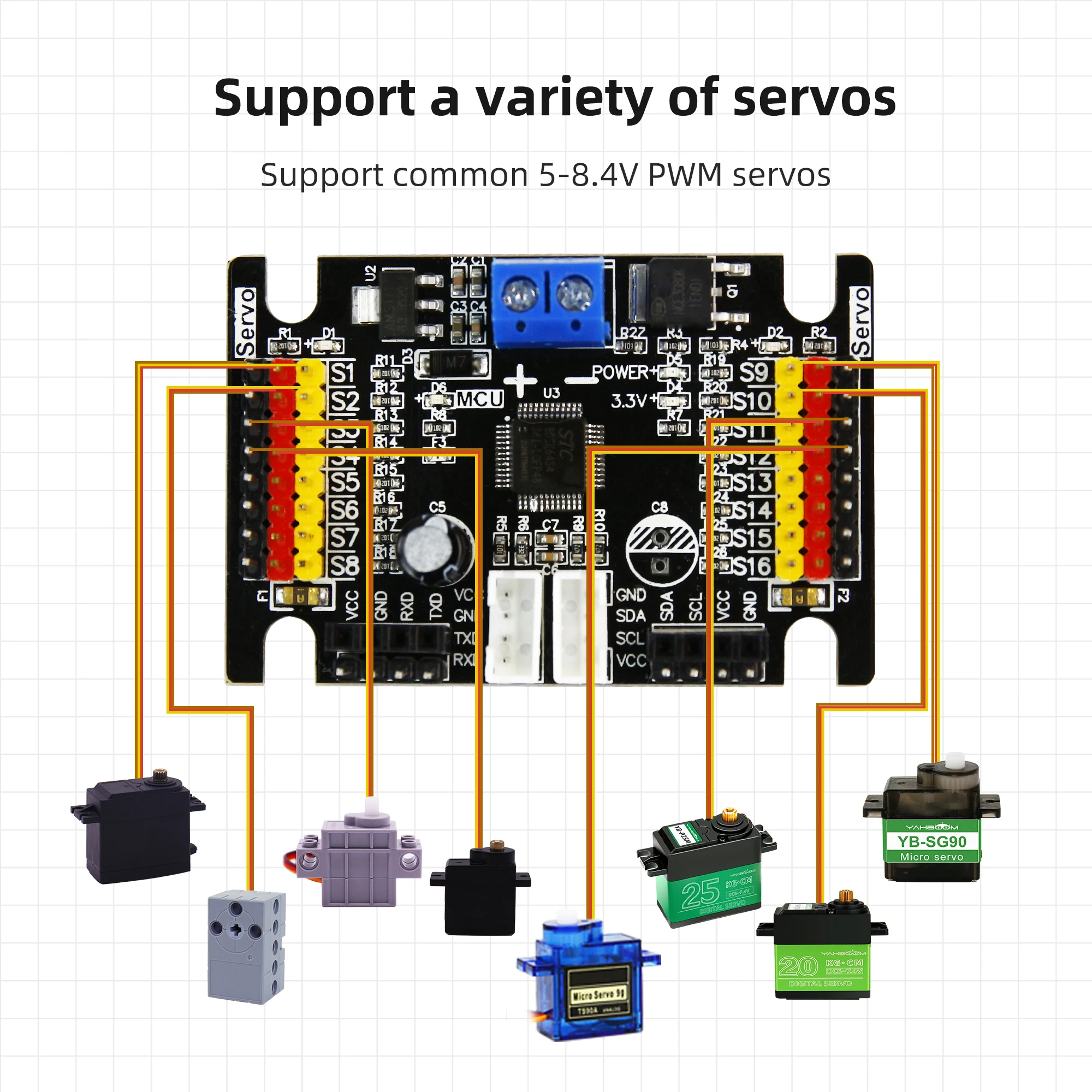 16-channel PWM Servo Debugging Board Driver Module IIC Interface Support Bluetooth APP Control For DIY Robotic Arm RC Car Kit