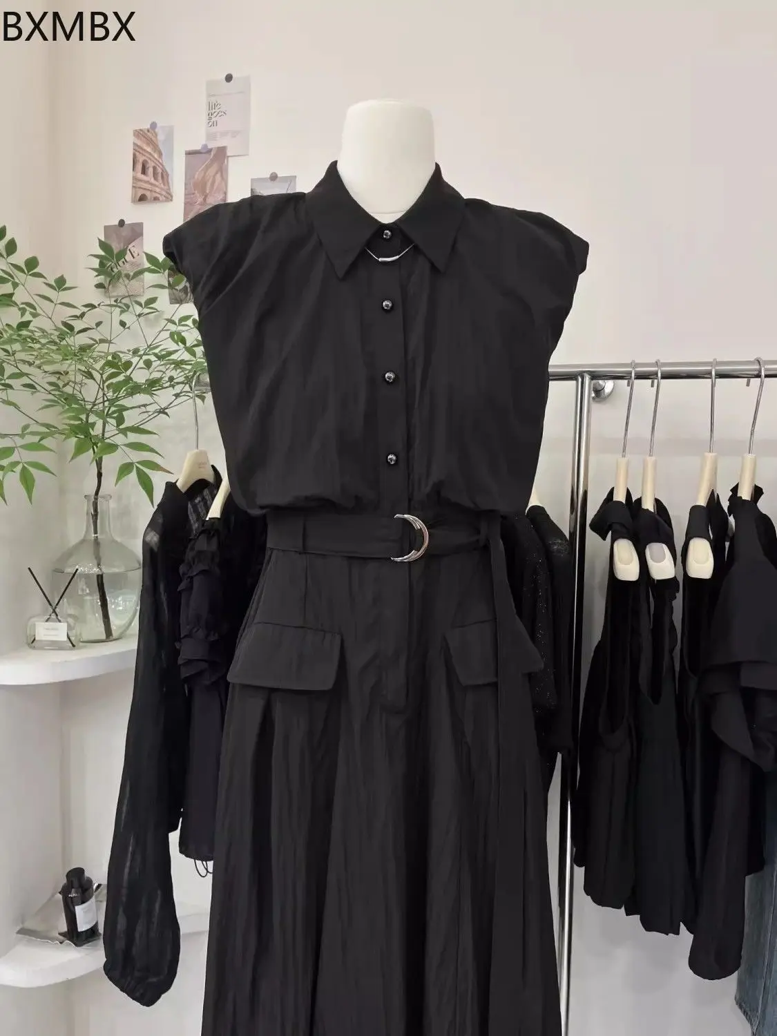 Black dress women's high waist long dress looking thin 2025 summer new shirt skirt waist sleeveless vest skirt