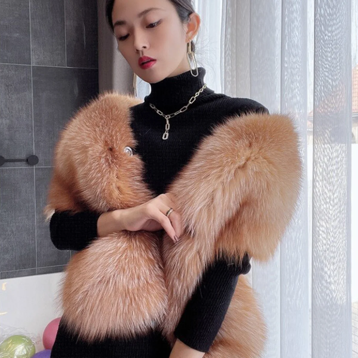 Natural Leather Fox Fur Shawl With Fox Fur Collar Women's Genuine Leather Fur Shawl New Arrival Women's Shawl