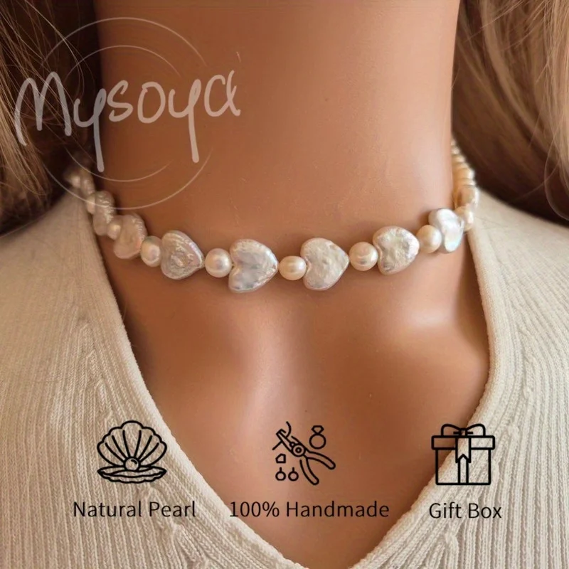 

MYSOYA White Love Shape Baroque Pearl Necklace 11-12mm & 5-6mm Pearl, with Gift Box, Birthday/ Wedding Jewelry for Him/ Her