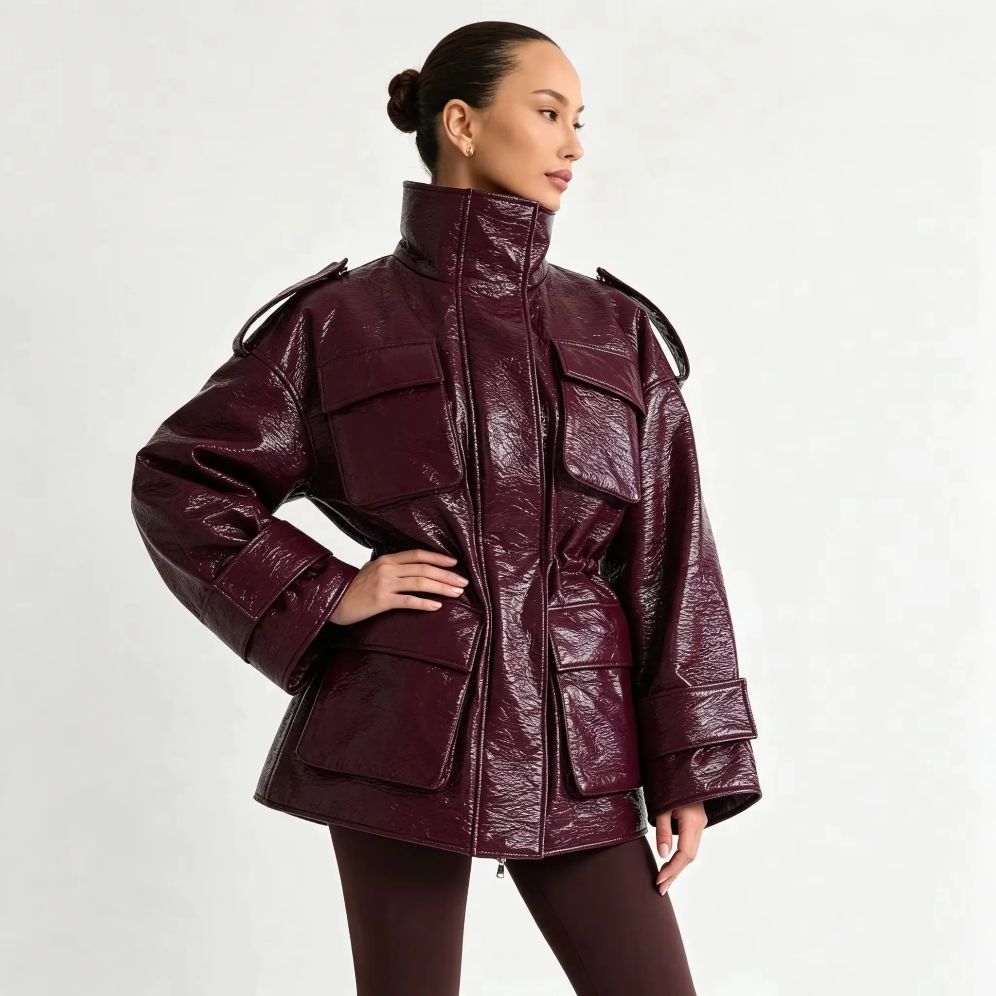Women's Burgundy Faux Leather Jacket Zip Up High Neck Drawstring Waist Winter Warm Elegant Luxe Chic Outerwear