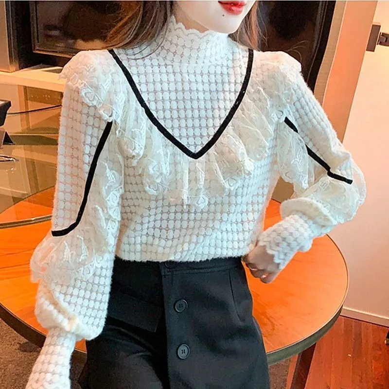 Fleece Lined High Neck Ruffle Blouse Women Autumn Winter Bell Sleeve Lace Elegant Warm Top S-6XL view 6