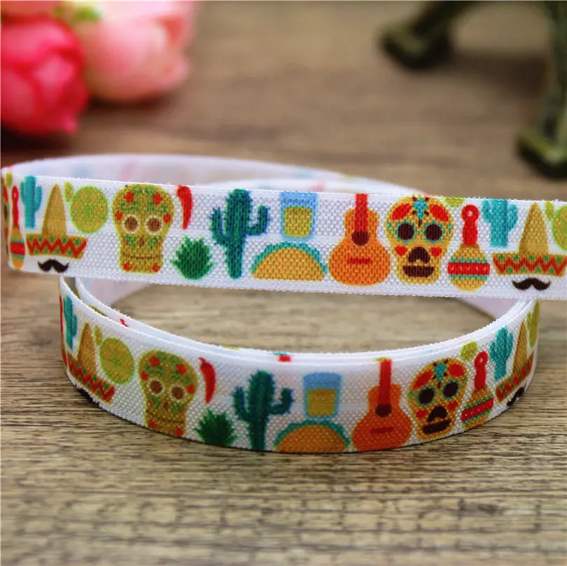 DHK 5/8'' 50yards Flag Mexican UK Skull Bang Printed Fold Elastic FOE Stretch Ribbon Accessories Craft DIY Sewing S2504