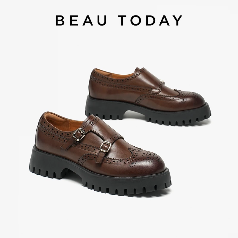 BEAUTODAY Monk Shoes Women Calfskin Leather Solid Color Thick Sole Retro Brogue Flats Buckle Strap Ladies Shoes Handmade 26674