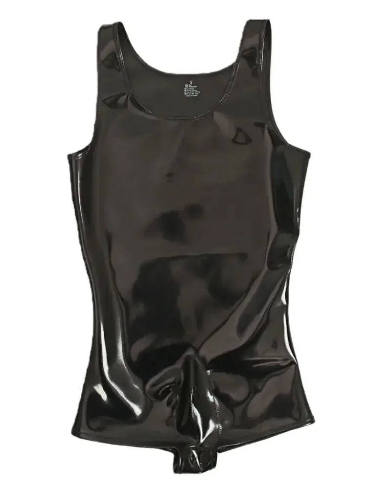 Sexy Men Double Sided Bodysuit PU Leather Tank Top Vest Catsuit Faux Latex Wet Look  Convex Pouch Bodysuit Tights Shaper Leotrad