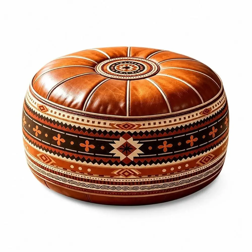 PU Leather Fillable Ottoman Pouf Embroidered Pattern Round Shape Round Pouf Cover Moroccan Style Floor Seat Cushion Living Room
