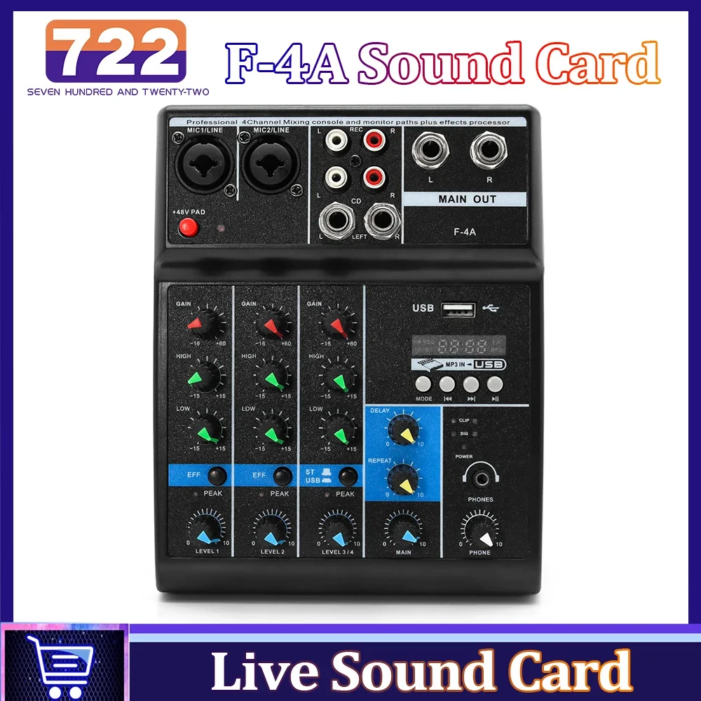 

F-4A Sound Cards Wireless 4-Channel Professional Mixer Sound Card for Live Streaming Singing Recording Song Production Karaoke