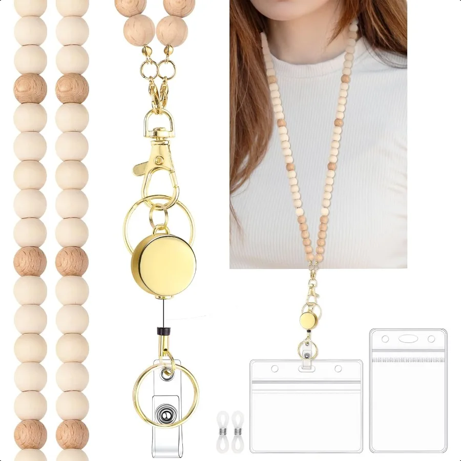 

Teacher Lanyard with ID Holder Cute Wooden Beaded Lanyards for ID Card Badges Holder Retractable Badge Reel Keys Eyeglass Chain