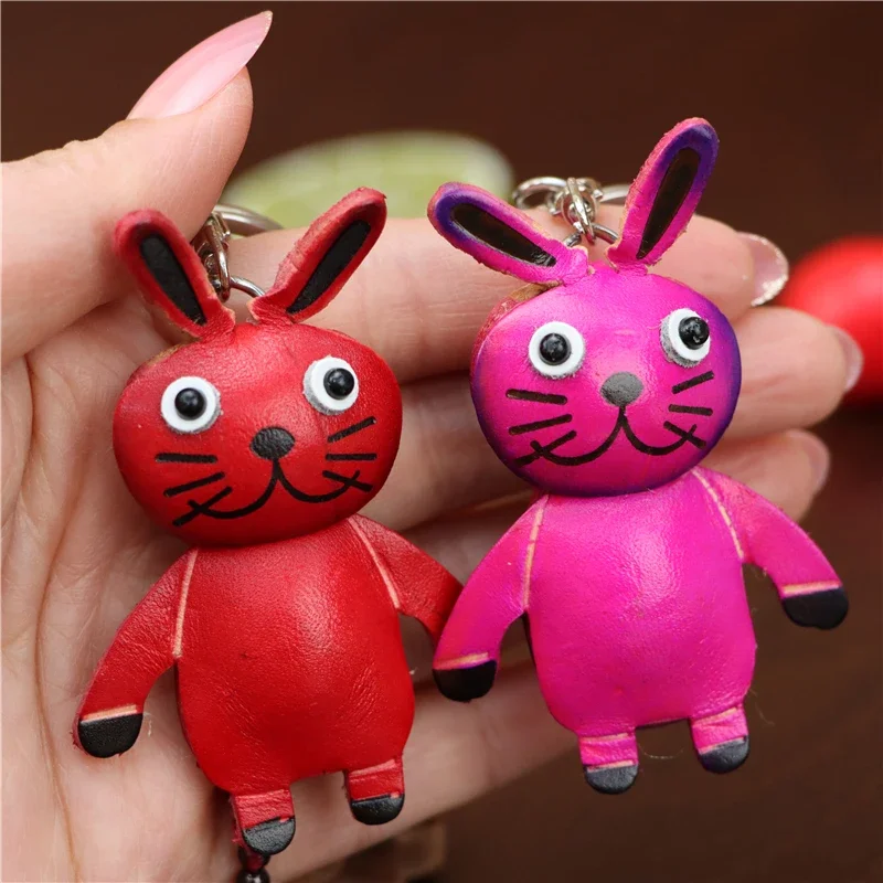 First Layer Of Cowhide Leather Bunny Charm Car Keychain Cute Bag Charm Accessory Gift