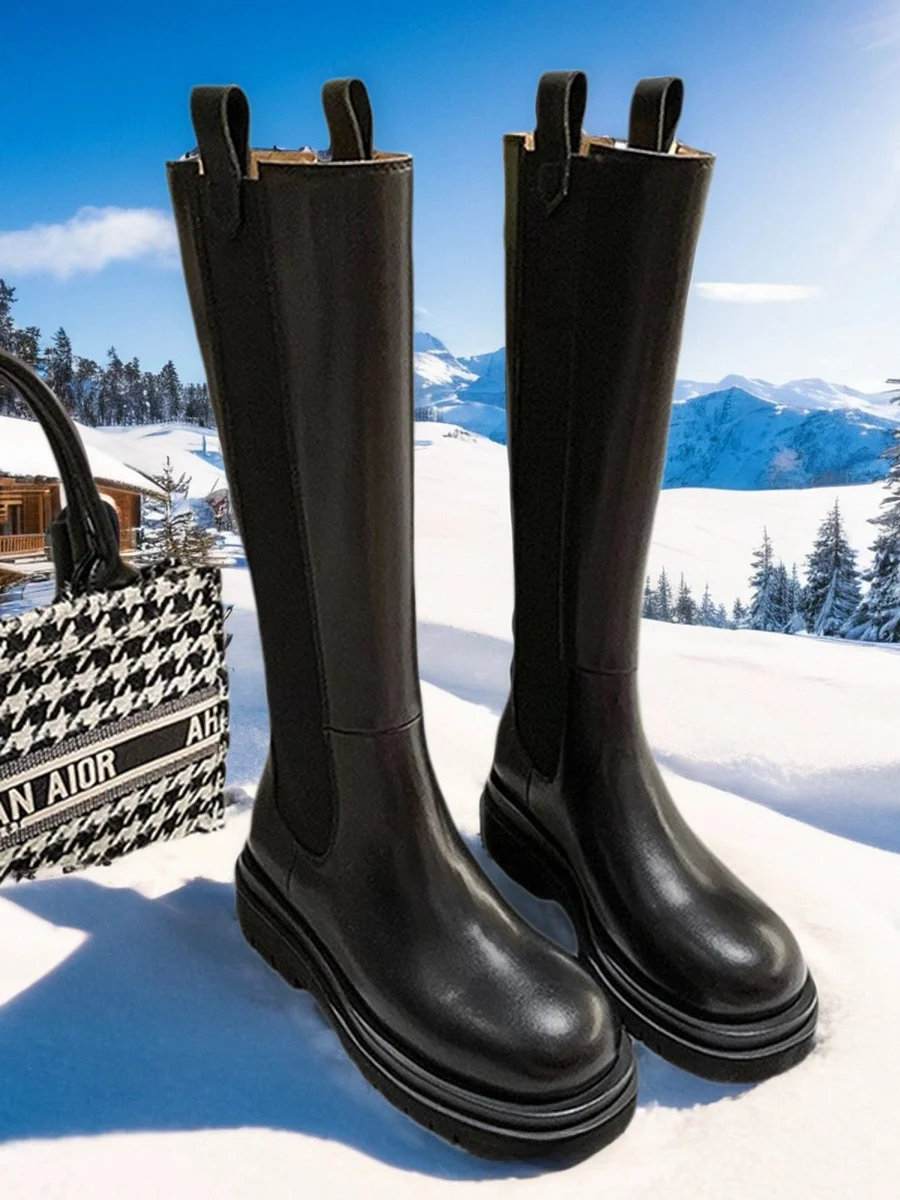 

Women's Winter Thick Bottom Fur Lined Integrated Leather Snow Boots High Tube Warm Cotton Booties round Toe High Heel Rubber ...