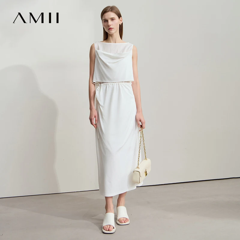 Amii minimalistische casual jurk dames 2023 zomer nieuwe kantoor dame lichte luxe mouwloze gebreide midi-jurken met trekkoord 12542115