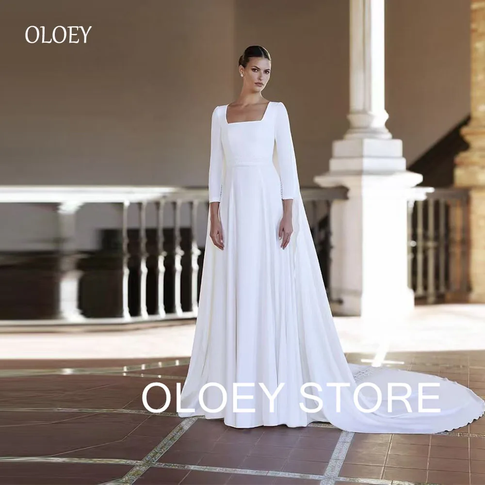 

OLOEY 2025 Simple A Line Soft Satin A Line Wedding Dresses Long Sleeves Square Neck Arabic Women Bridal Gowns Customized