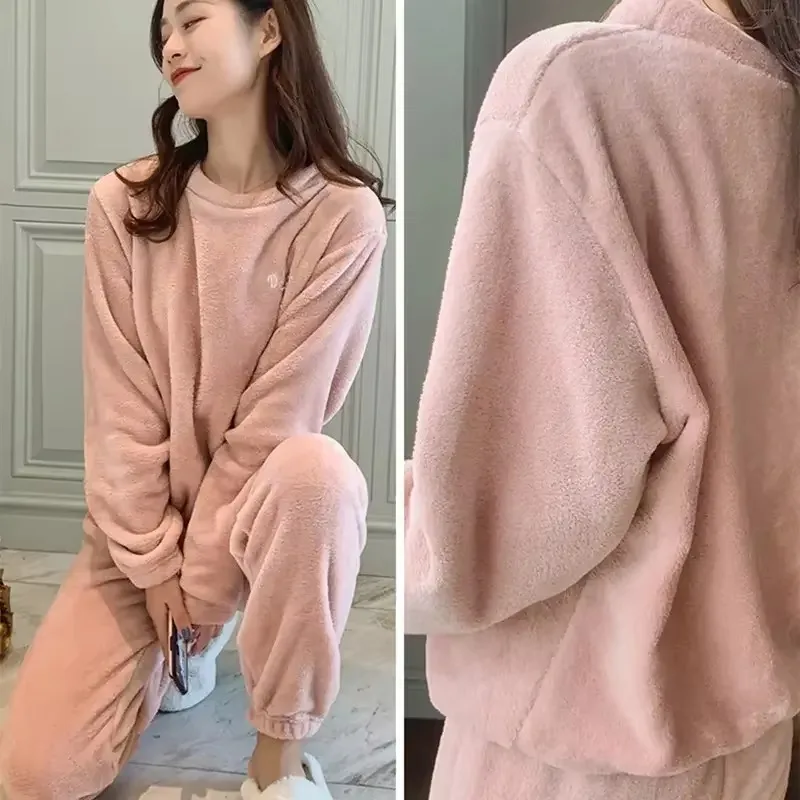 Women\'s Autumn and Winter Warm Pants Coral Velvet Pajama Set Loose Fitting Home Clothing for Outdoor Women\'s Oversized Pajamas