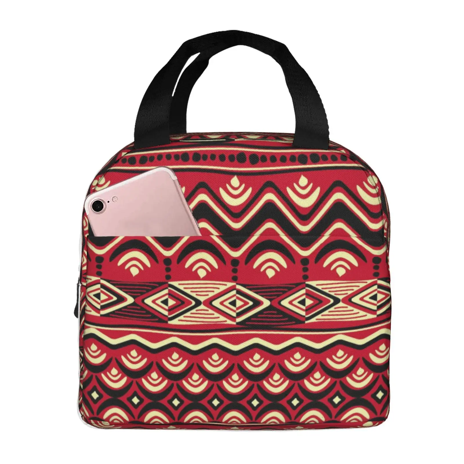 African Ethnic Geometric Colorful Pattern Lunch Tote Bag Insulated Leakproof Lunch Box Container with Front Pocket for Girls Boy
