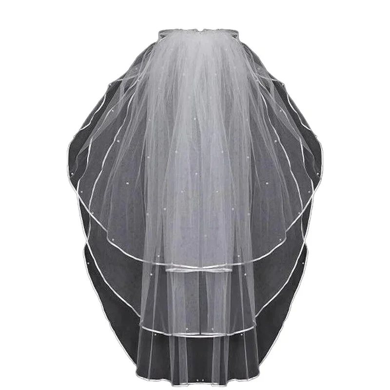 Hot Sale 3 Tiers Wedding Bridal Ribbon Edge and Sticky Beads Veil