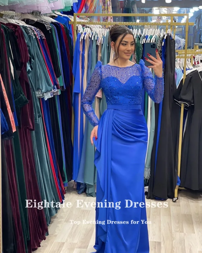 Eightale Arabic Evening dresses 2024 O-Neck Sequin Beaded Long Sleeves Mermaid Satin Modest Prom Party Gown Robe De Soirée