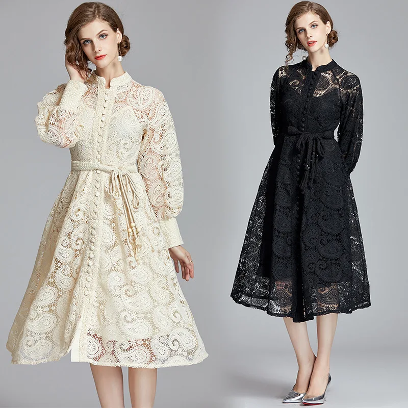 

2024 Heavy Industry French Elegant Romantic Court Vintage Lantern Sleeves Delicate Water Soluble Lace Long Dress