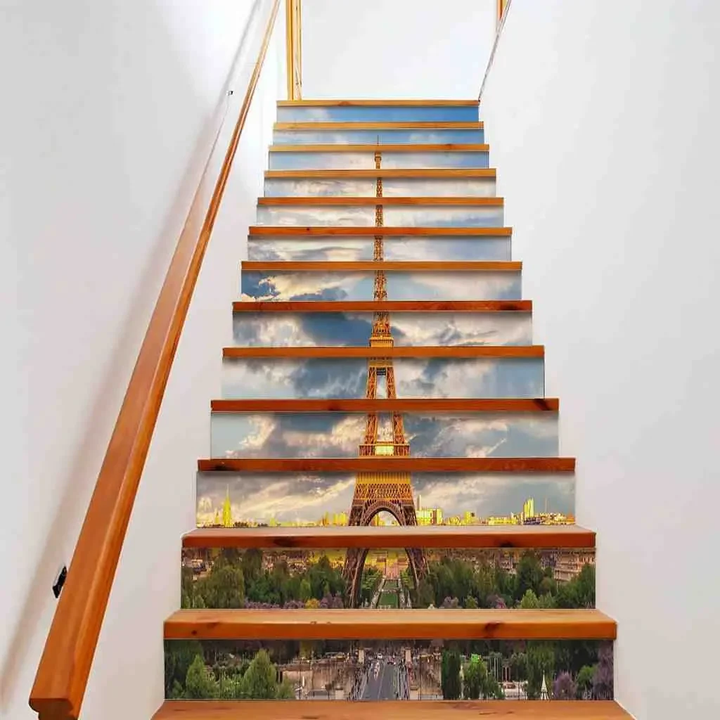 Eiffel Tower Stair Stickers Cityscape of Paris France Staircase Riser Mural World Famous Sites Self-Adhesive Stair Decals Decor