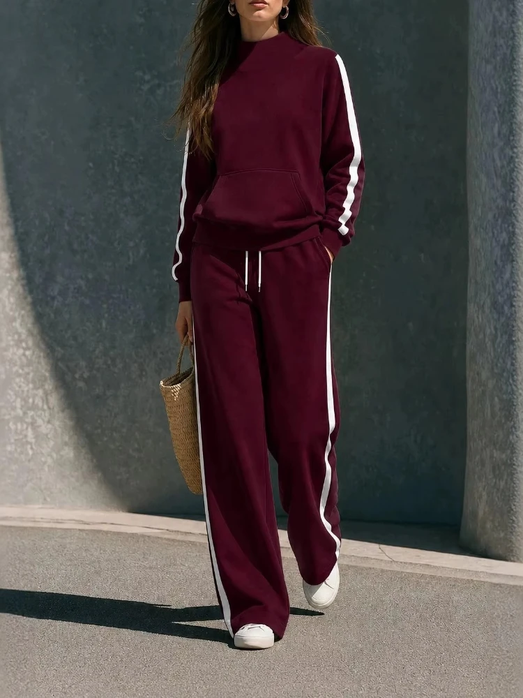 Chic Stand Collar Hoodie & Wide Leg Pant Set Women Contrast Webbing Kangaroo Pocket Loose Casual Two-Piece Outfit