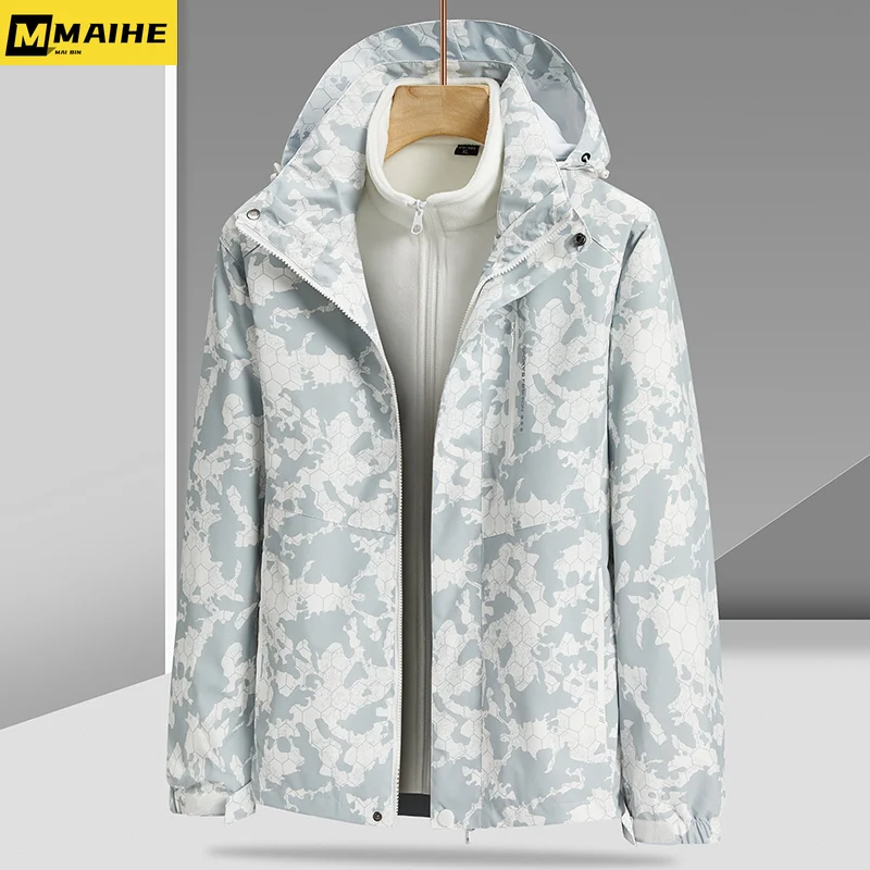 Winter Windbreaker Men's Three-in-one Detachable Fleece Liner Waterproof And Warm Parker Coat Couple Hiking Ski Camouflage Coat