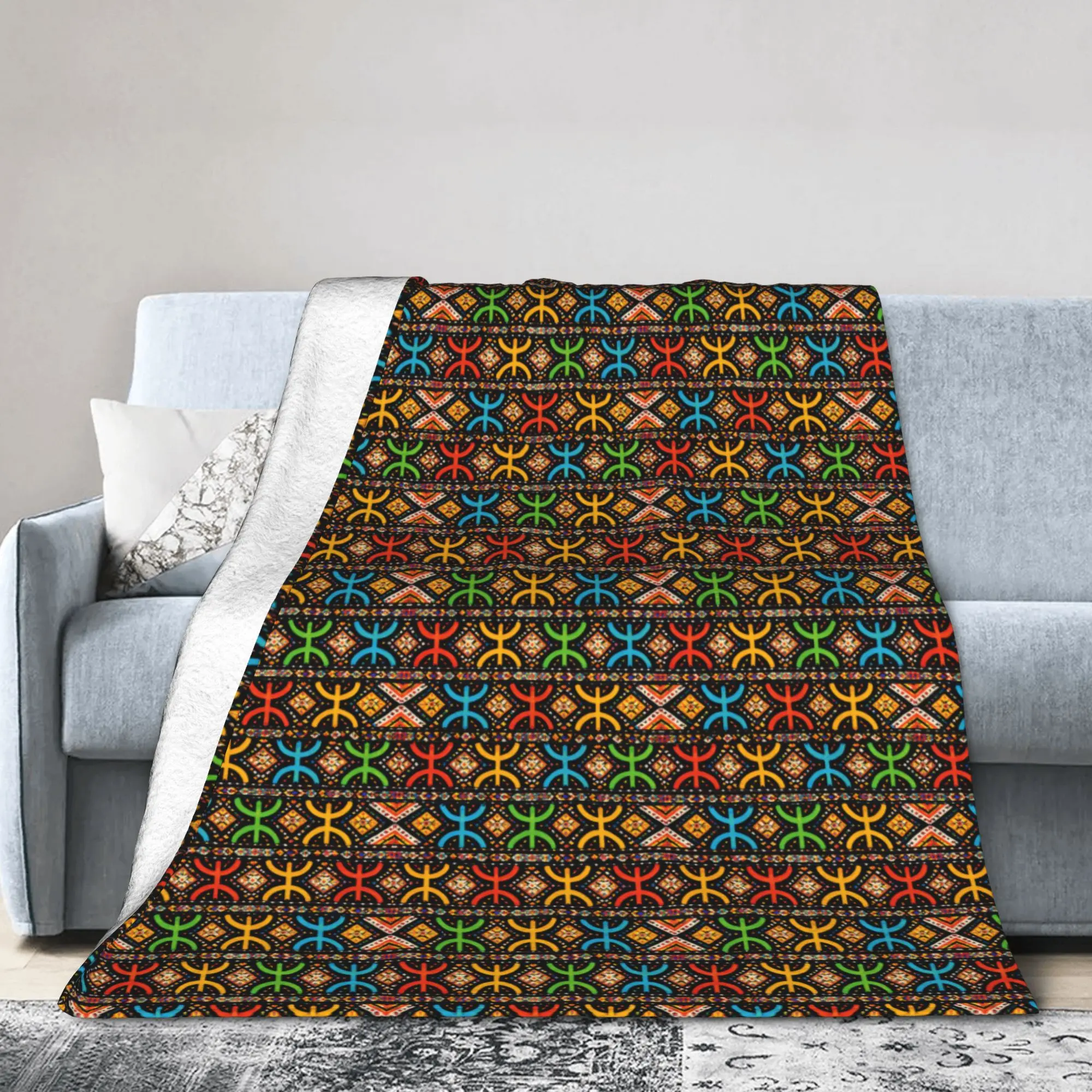 Custom Ultra-Soft Fleece Amazigh Yaz Symbol Berber Pattern Throw Blanket Warm Flannel  Blankets for Bed Office Couch Bedspreads