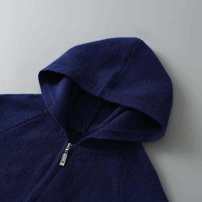 

Классический мужской вязаный кардиган с капюшоном Yuanbao, свитер из чистой австралийской шерсти, дизайн на молнии, высококачественные теплые свободные топы