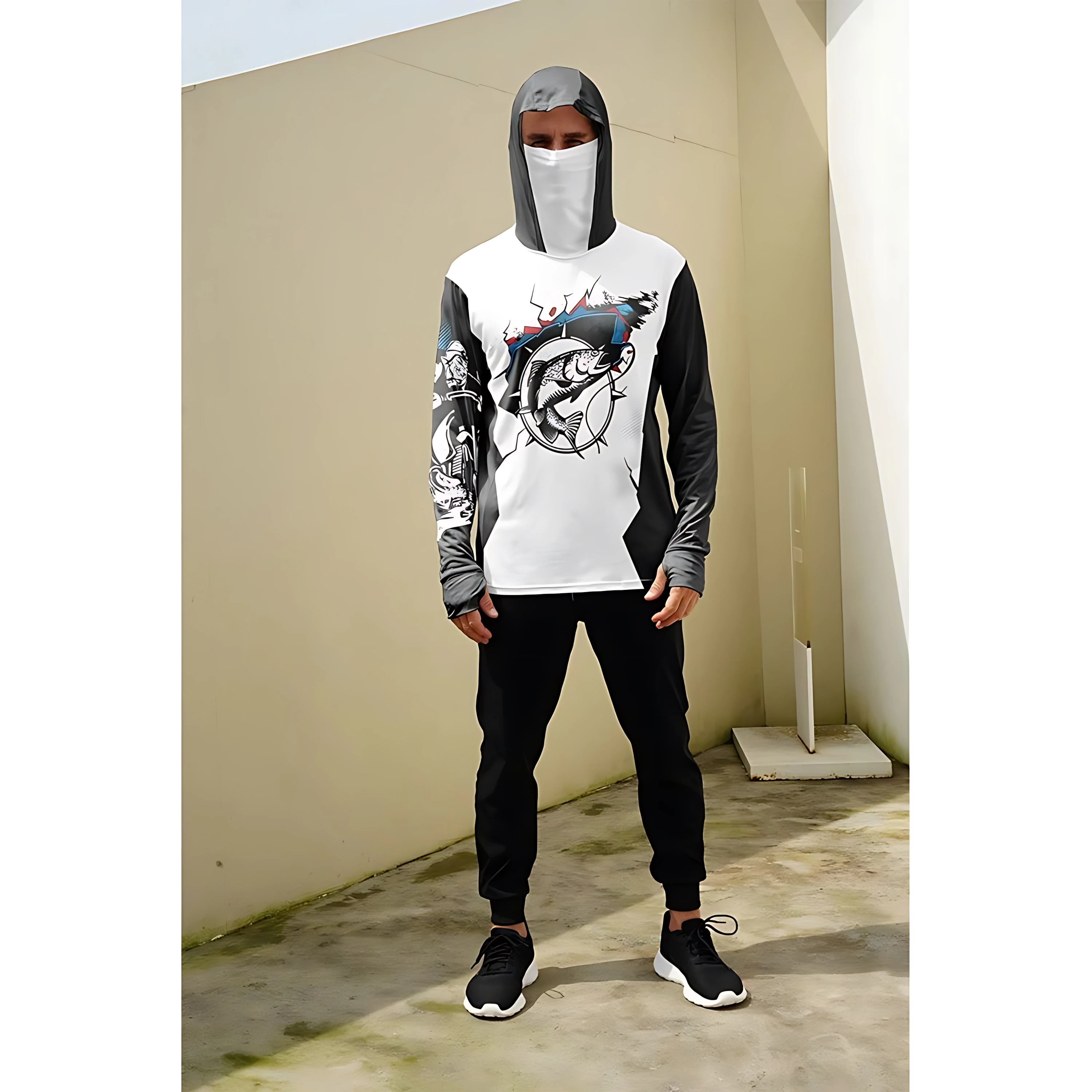Men's long-sleeved T-shirt with sun protection hooded jacket protective mask one-piece outdoor long-sleeved top view 6
